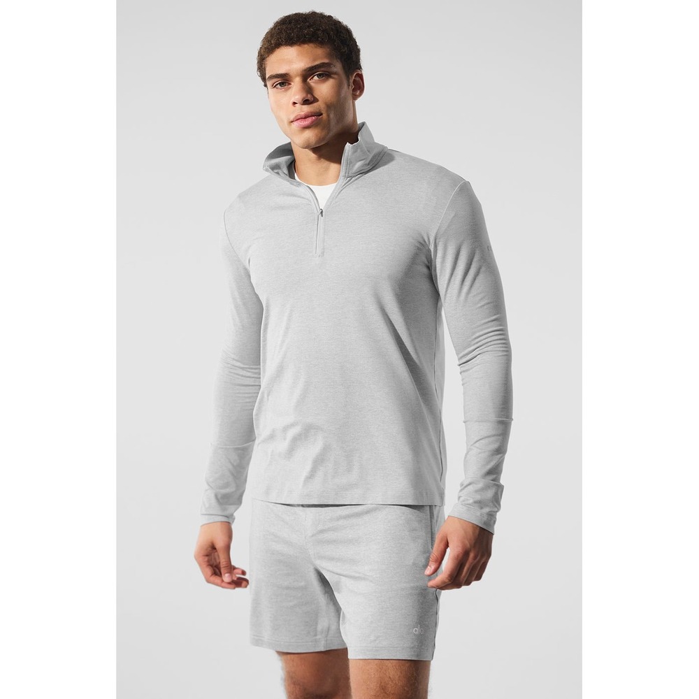 Alo Yoga Conquer Quarter Zip Pullover Long Sleeve Grey Heathered Athletic Top L